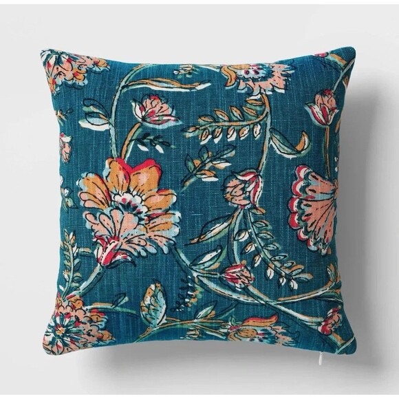 Square Floral Reversible Throw Pillow Teal - Threshold NEW - Picture 1 of 5